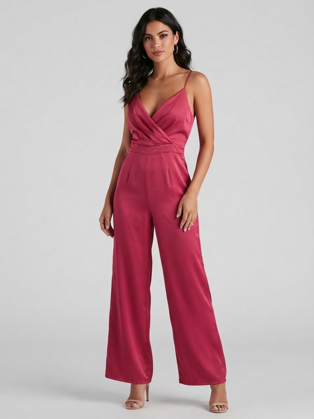 Satin Wrap-Front Jumpsuit in Deep Rose